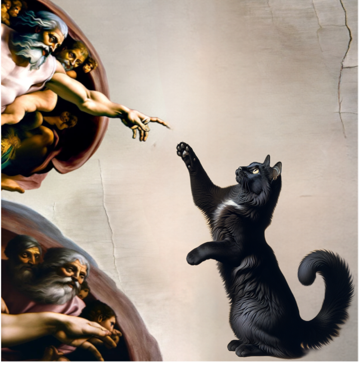 A cat depicted in a parody of Michelangelo's Creation of Adam, shown reaching out to God in a custom pet portrait canvas.