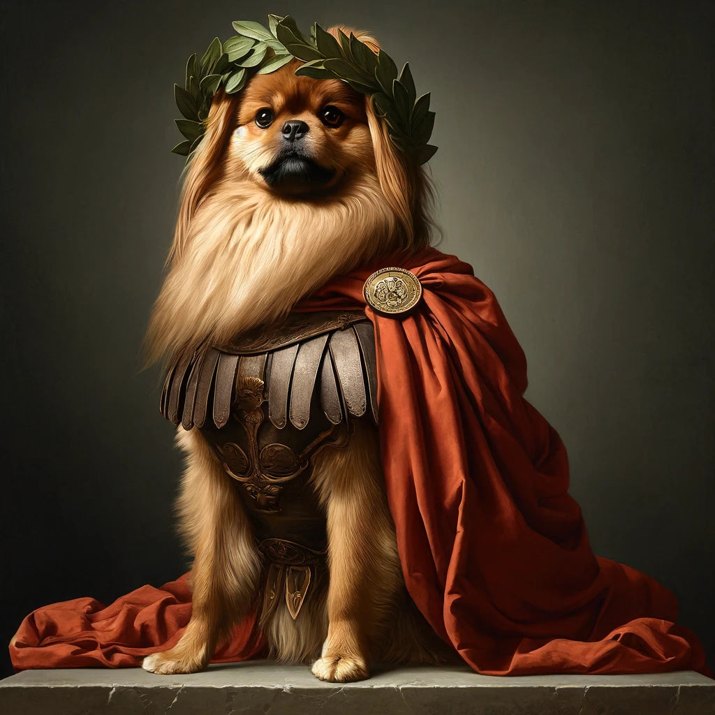 A Pekinese dog dressed as a Roman emperor, featuring a custom pet portrait canvas with detailed armor and a laurel wreath