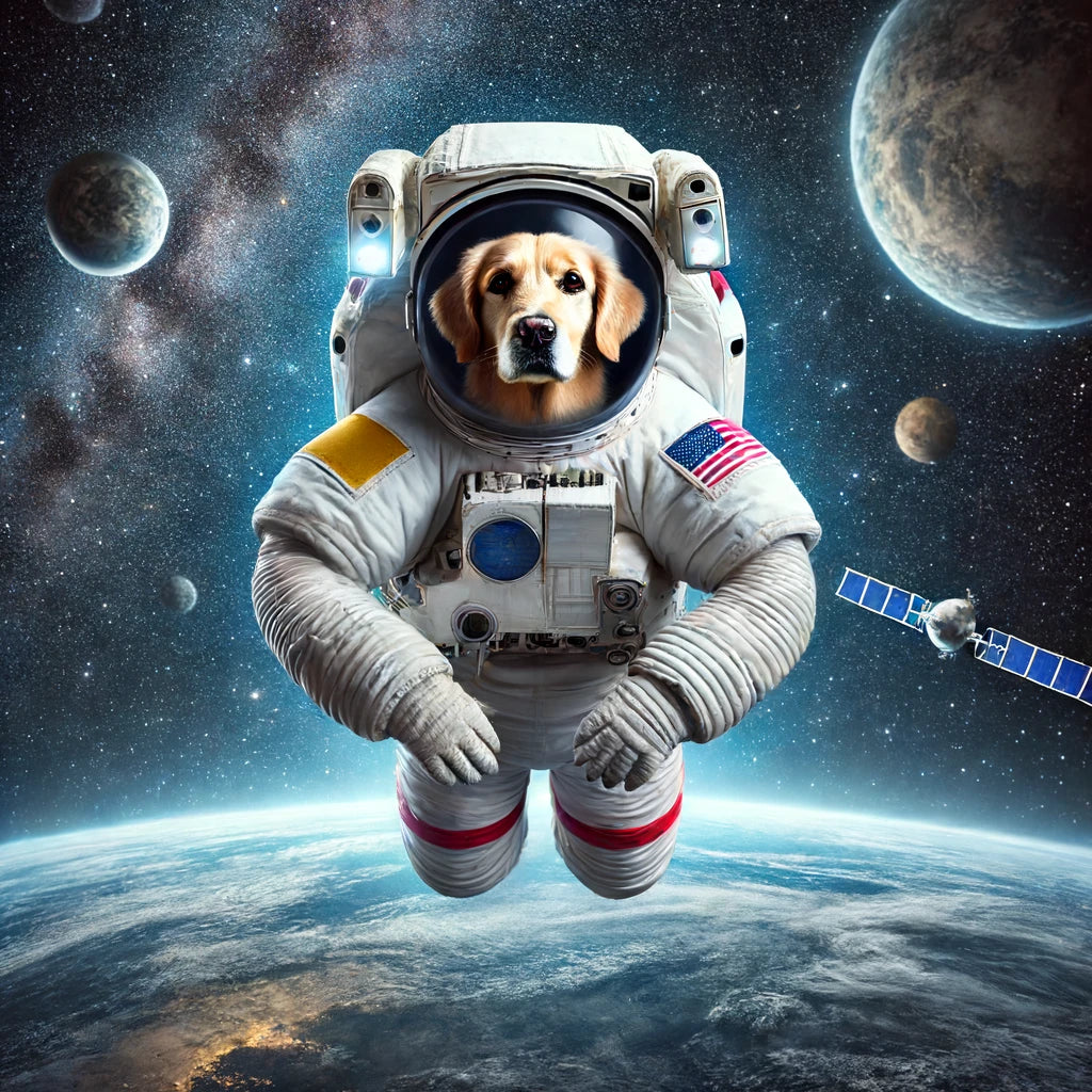 A golden retriever dog dressed as an astronaut floating in space, featured in a custom pet portrait canvas.