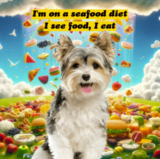 A humorous custom pet portrait featuring a dog with the caption 'I'm on a seafood diet. I see food, I eat' surrounded by various foods